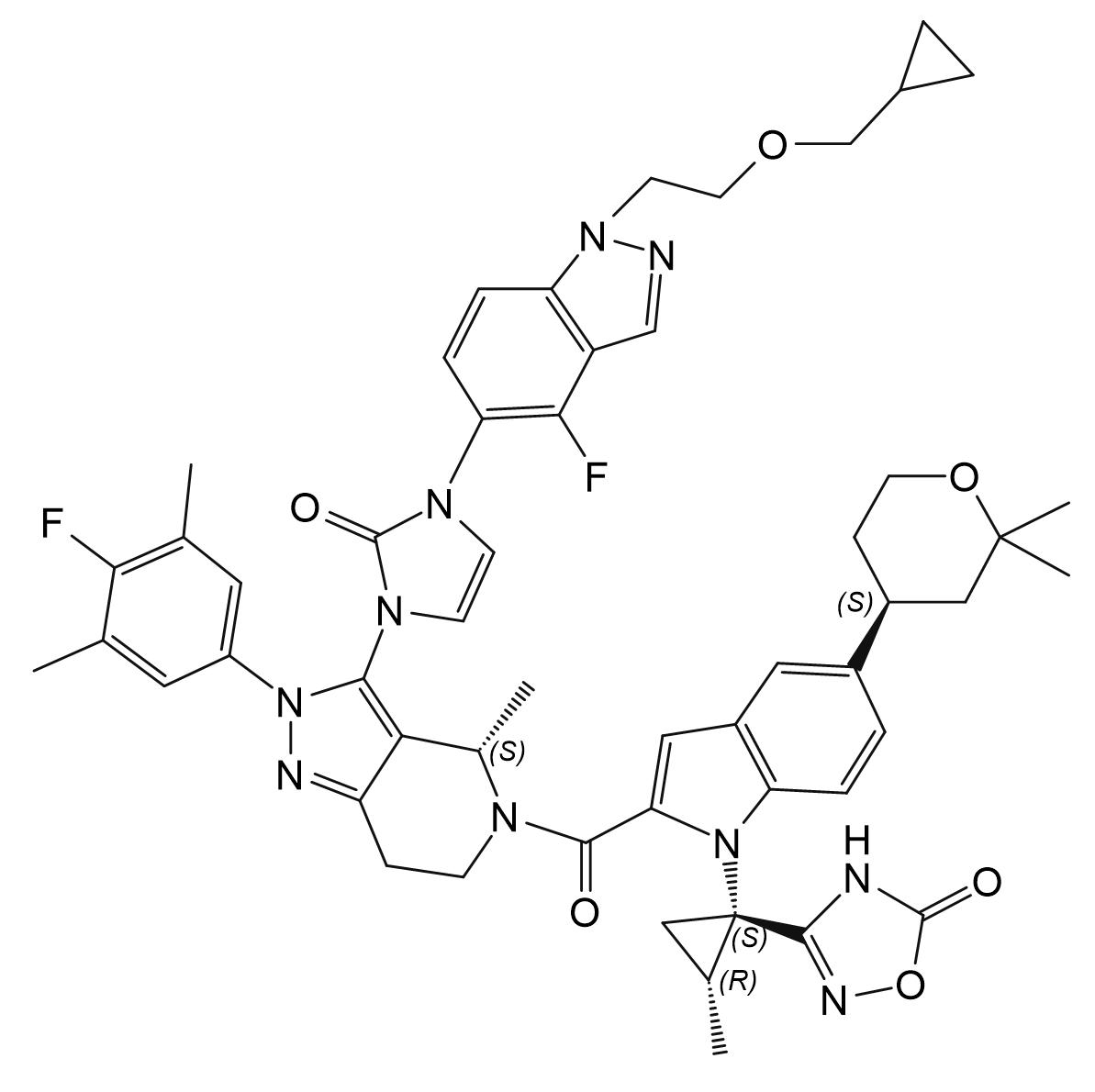 3-[(1S,2R)-1-(2-{[(4S)-3-[3-(1-{2-[(cyclopropylmethyl)oxy]ethyl}-4-fluoroindazol-5-yl)-2-oxoimidazol-1-yl]-2-(4-fluoro-3,5-dimethylphenyl)-4-methyl-4,5,6,7-tetrahydropyrazolo[4,3-c]pyridin-5-yl]carbonyl}-5-[(4S)-2,2-dimethyl-3,4,5,6-tetrahydro-2H-pyran-4-yl]indol-1-yl)-2-methylcyclopropyl]-4H,5H-1,2,4-oxadiazol-5-one