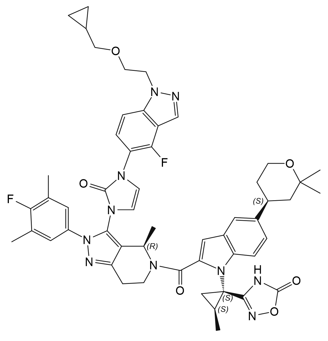 3-[(1S,2S)-1-(2-{[(4R)-3-[3-(1-{2-[(cyclopropylmethyl)oxy]ethyl}-4-fluoroindazol-5-yl)-2-oxoimidazol-1-yl]-2-(4-fluoro-3,5-dimethylphenyl)-4-methyl-4,5,6,7-tetrahydropyrazolo[4,3-c]pyridin-5-yl]carbonyl}-5-[(4S)-2,2-dimethyl-3,4,5,6-tetrahydro-2H-pyran-4-yl]indol-1-yl)-2-methylcyclopropyl]-4H,5H-1,2,4-oxadiazol-5-one