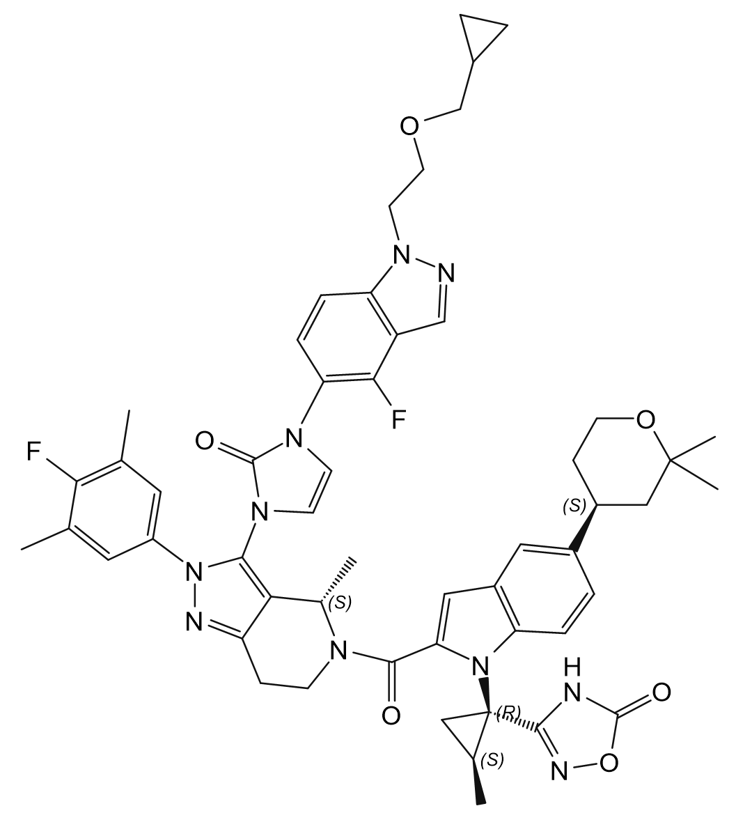 3-[(1R,2S)-1-(2-{[(4S)-3-[3-(1-{2-[(cyclopropylmethyl)oxy]ethyl}-4-fluoroindazol-5-yl)-2-oxoimidazol-1-yl]-2-(4-fluoro-3,5-dimethylphenyl)-4-methyl-4,5,6,7-tetrahydropyrazolo[4,3-c]pyridin-5-yl]carbonyl}-5-[(4S)-2,2-dimethyl-3,4,5,6-tetrahydro-2H-pyran-4-yl]indol-1-yl)-2-methylcyclopropyl]-4H,5H-1,2,4-oxadiazol-5-one
