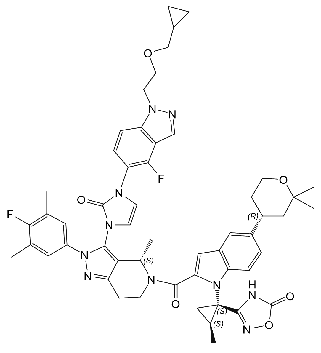 3-[(1S,2S)-1-(2-{[(4S)-3-[3-(1-{2-[(cyclopropylmethyl)oxy]ethyl}-4-fluoroindazol-5-yl)-2-oxoimidazol-1-yl]-2-(4-fluoro-3,5-dimethylphenyl)-4-methyl-4,5,6,7-tetrahydropyrazolo[4,3-c]pyridin-5-yl]carbonyl}-5-[(4R)-2,2-dimethyl-3,4,5,6-tetrahydro-2H-pyran-4-yl]indol-1-yl)-2-methylcyclopropyl]-4H,5H-1,2,4-oxadiazol-5-one