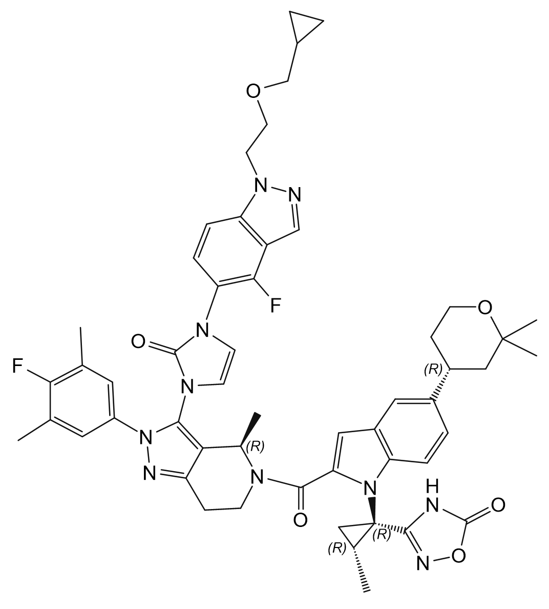 3-[(1R,2R)-1-(2-{[(4R)-3-[3-(1-{2-[(cyclopropylmethyl)oxy]ethyl}-4-fluoroindazol-5-yl)-2-oxoimidazol-1-yl]-2-(4-fluoro-3,5-dimethylphenyl)-4-methyl-4,5,6,7-tetrahydropyrazolo[4,3-c]pyridin-5-yl]carbonyl}-5-[(4R)-2,2-dimethyl-3,4,5,6-tetrahydro-2H-pyran-4-yl]indol-1-yl)-2-methylcyclopropyl]-4H,5H-1,2,4-oxadiazol-5-one